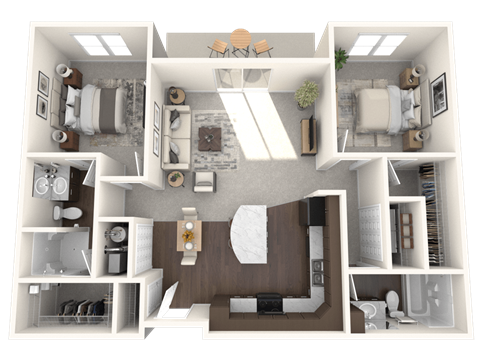 Floor plan for 2 beds, 2 baths, 1049 sqft